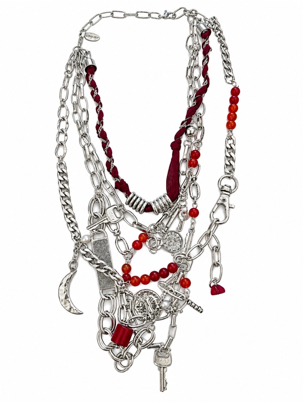 Free People Silver-Tone Layered Necklace with Red Beads and Burgundy Cord